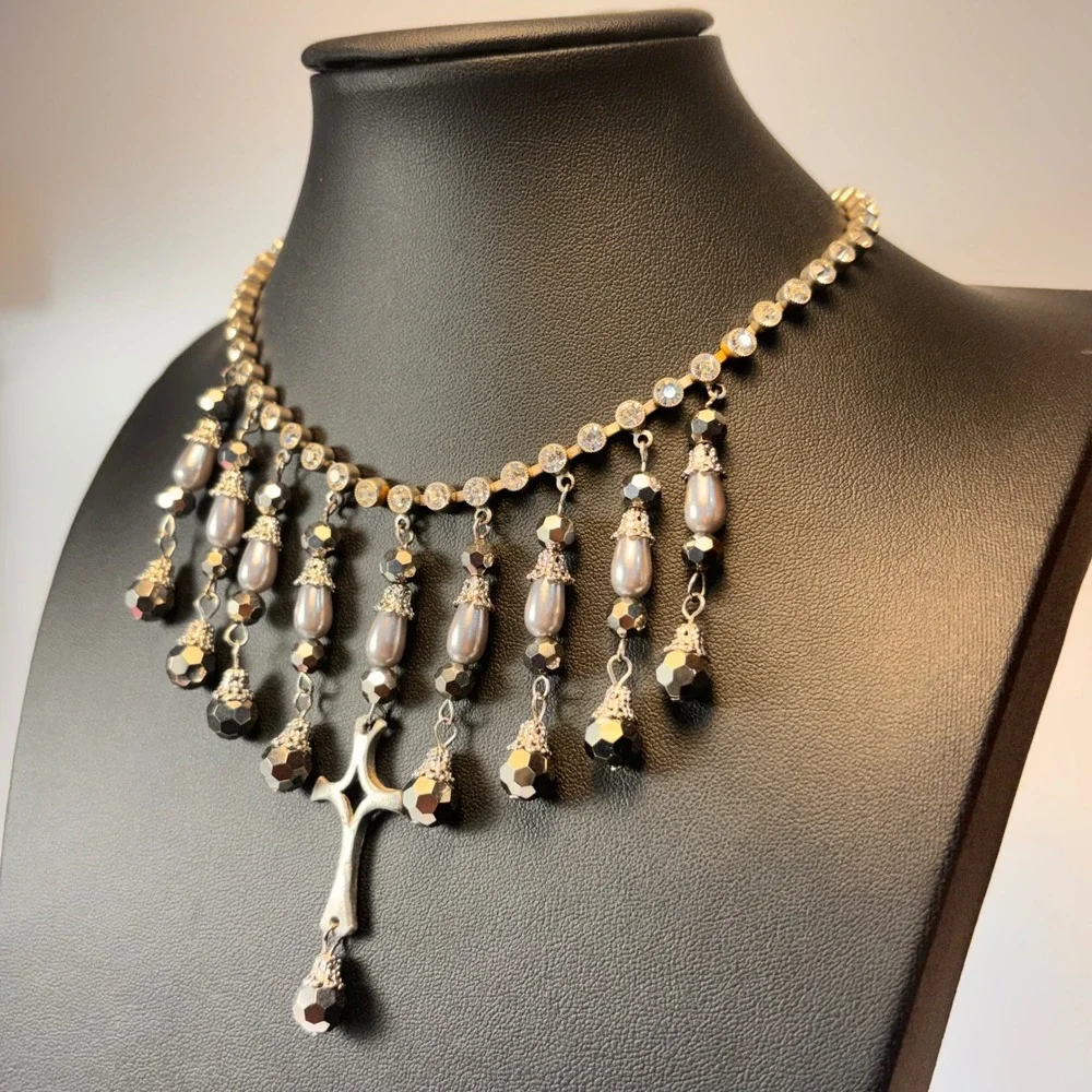 Vintage Cross Fringe Necklace Silver Pearl Rhinestone Goth Whimsygoth Statement